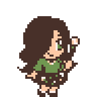 a pixel art sprite of Rosemary. she is smiling and holding a magic staff